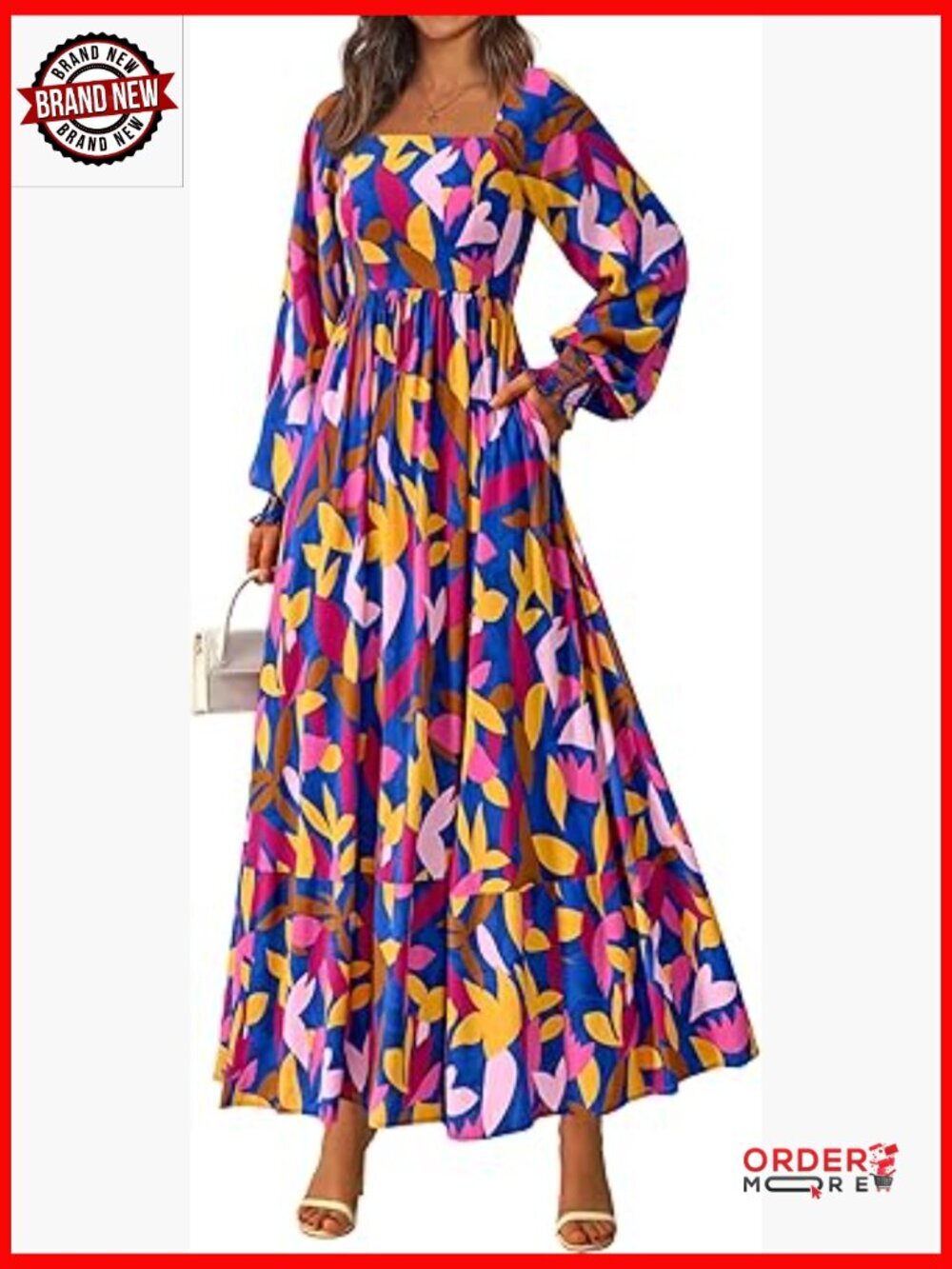 Floral Maxi Dress Wedding Guest Square Neck Boho A Line Long Sleeve